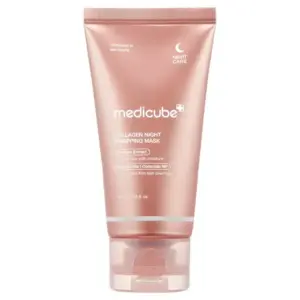 מסכת לילה Medicube - אריזת כחולה-סגולה עם מסכת קולגן, טיפות קולגן וסמלי שיקום על רקע לילה