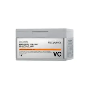 מסכת ויטמינים VT - ערכת 30 מסכות מחט, מסכה עם סרום עשיר וסמלי הבהרה על רקע בהיר