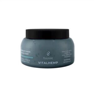 מסכת VITALHEMP - צנצנת עם מסכת שיער, עלי קנביס וסמלי שיקום על רקע טבעי