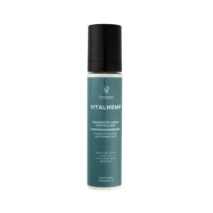 סרום VITALHEMP - בקבוקון עם טפטפת, סרום שקוף וטיפות הגנה על רקע מודרני