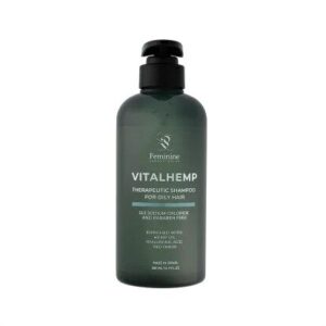 שמפו VITALHEMP - בקבוק שמפו עם נוזל זהוב, עלי קנביס וסמלי שיקום על רקע מקצועי
