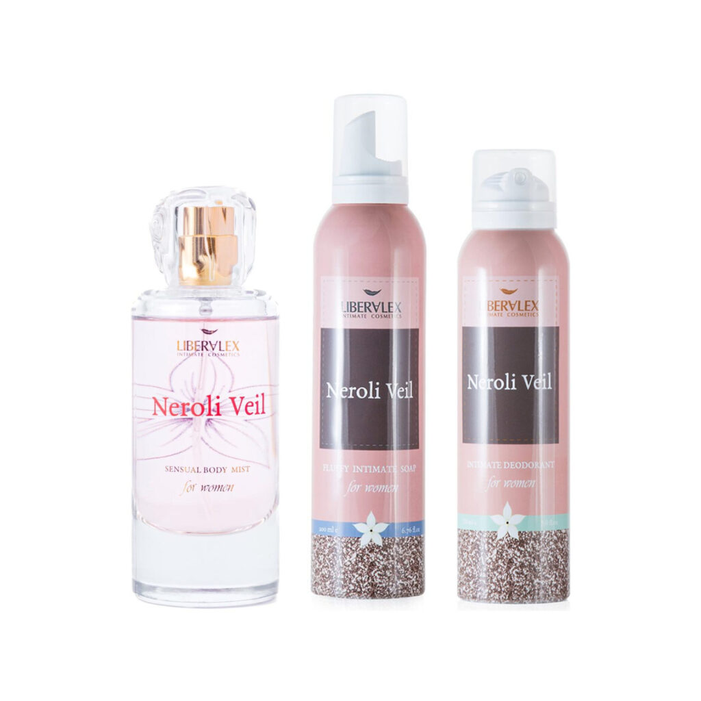 מארז Neroli Veil Rich של Liberalex – Neroli Veil – מיסט גוף, Neroli Veil – קצף שטיפה אינטימי, Neroli Veil – דאודורנט אינטימי לאישה