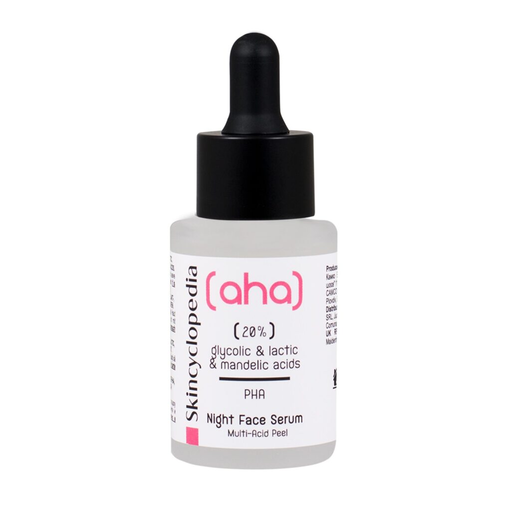 Skincyclopedia – סרום פנים לקילוף לילי עם 20% חומצות AHA (חומצה לקטית, גליקולית, מנדלית) וחומצות פוליהידרוקסיות 30 מ"ל